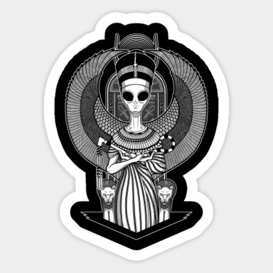 Dibujo de una figura en un vestido largo, con elementos alienígenas y motivos oscuros.