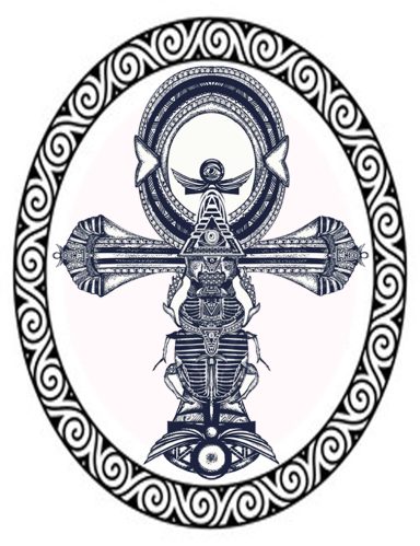 Cruz ansata con motivos decorativos en un marco ovalado.