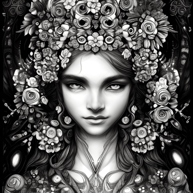Retrato en blanco y negro de una mujer con flores en el cabello y mirada enigmática.
