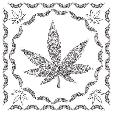 Hoja de cannabis en el centro, rodeada de un marco decorativo.