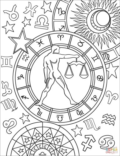 Dibujo en blanco y negro con símbolos zodiacales y figura humana sosteniendo una balanza.