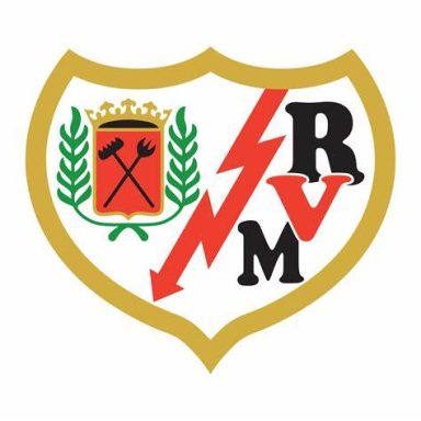 Escudo del Rayo Vallecano, con una antorcha y letras R y V en negro y rojo.