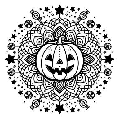 Calabaza de Halloween sonriente rodeada de estrellas y caramelos en un diseño mandálico.
