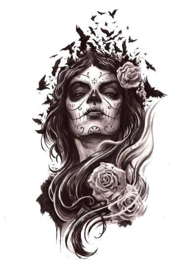 Retrato de mujer con cara pintada, flores y aves en un estilo artisticamente oscuro.