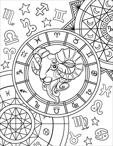 Dibujo para colorear con símbolos zodiacales y un carnero en el centro.