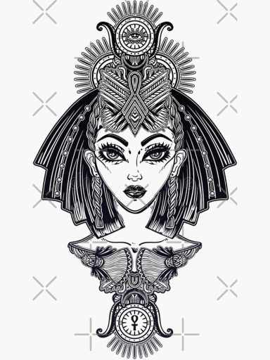 Ilustración de una mujer con elementos egipcios y detalles ornamentales en blanco y negro.