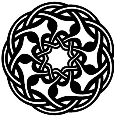 Diseño circular en negro, con patrones entrelazados que forman un motivo simétrico.