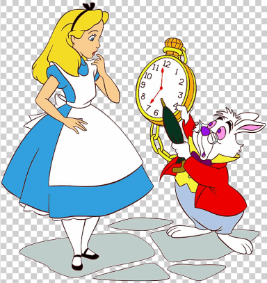 Alicia con un vestido blanco y azul, observando al Conejo Blanco con un reloj.