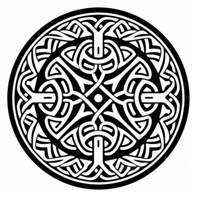 Diseño circular en blanco y negro con patrones intrincados entrelazados.