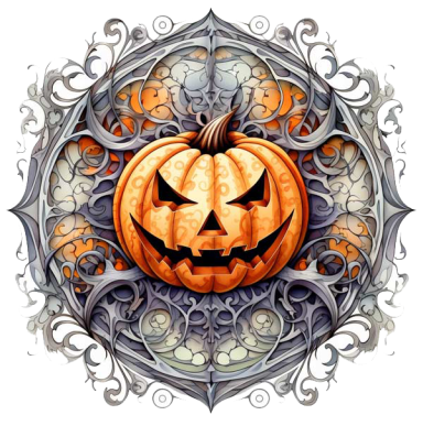 Calabaza de Halloween con cara terrorífica en un diseño ornamental.