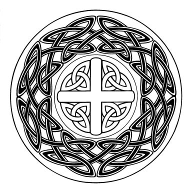 Diseño circular con un nudo celta rodeando una cruz en el centro.