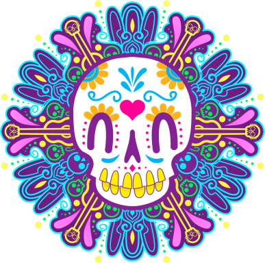 Calavera de estilo vibrante y colorido con detalles florales y un corazón.