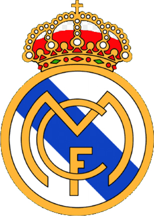 Escudo del Real Madrid, con corona, fondo blanco y azul, letras "M" y "F" en el centro.