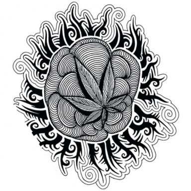 Diseño en blanco y negro de una hoja de cannabis rodeada de patrones abstractos.