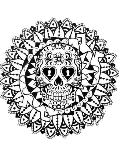 Calavera decorativa con detalles de mandala y llaves en los ojos, en blanco y negro.