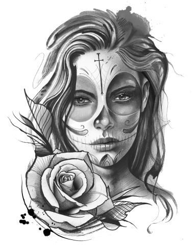 Mujer con maquillaje de calavera y una rosa en blanco y negro.