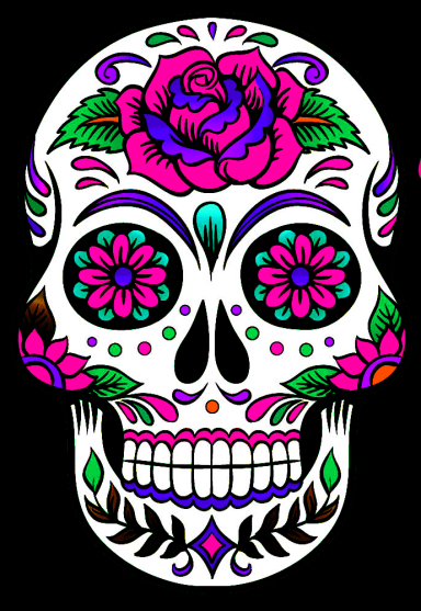Calavera decorada con flores de colores, típica del Día de Muertos.