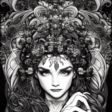 Retrato en blanco y negro de una mujer con flores en el cabello y un fondo ornamental.