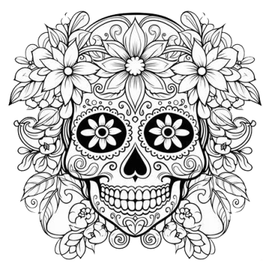 Calavera decorada con flores y detalles ornamentales en un estilo de línea.