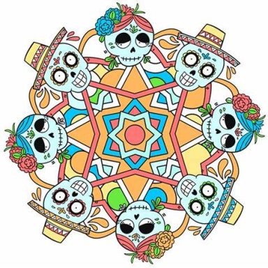 Calaveras decoradas en un diseño simétrico colorido con flores y sombreros.