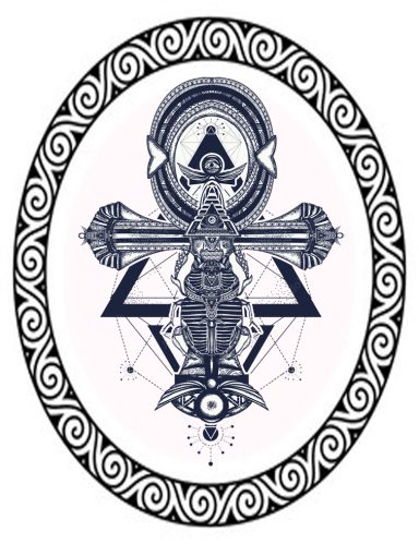 Diseño geométrico en blanco y negro con un ankh y elementos abstractos.