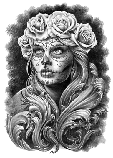 Retrato de mujer con calavera decorada y flores en la cabeza, estilo artístico en blanco y negro.