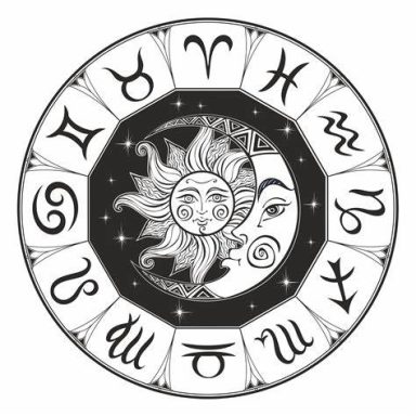 Rueda del zodiaco con el sol y la luna en el centro, rodeada de los signos.